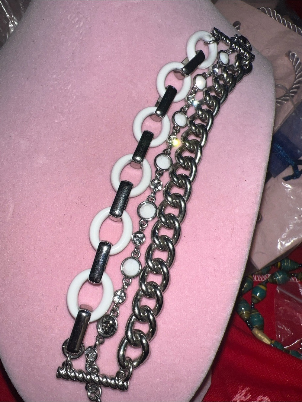 Triple Strand Silver tone, clear & White Link Bracelet Set, 9”. (J0063)